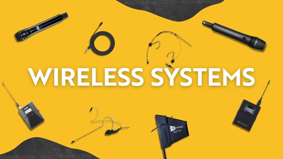 Various wireless recording devices on a yellow background with “WIRELESS SYSTEMS” written in bold white font.